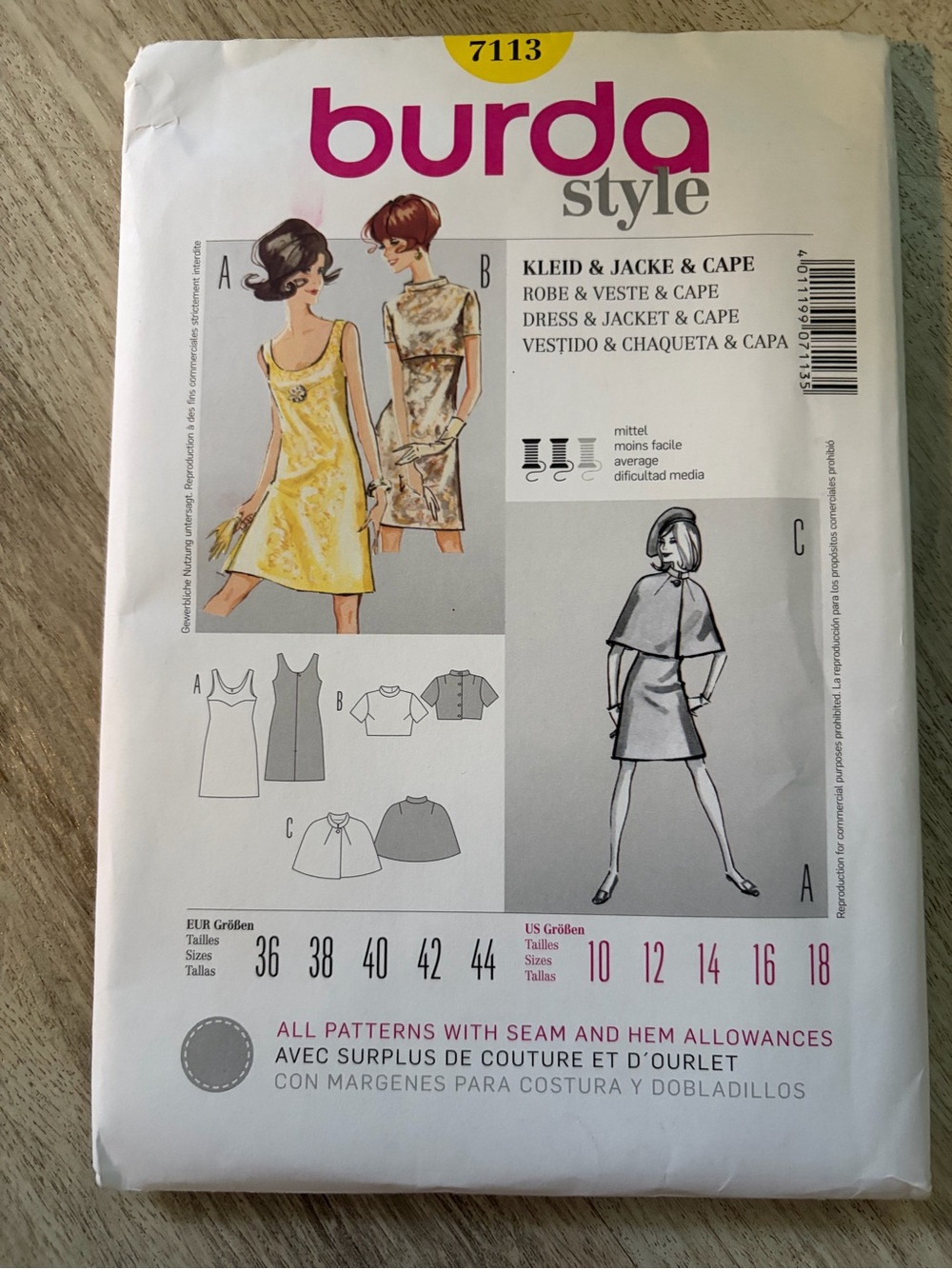 NEW Burda Style 7113 Reproduction of 60s glam sewing pattern dress, jacket, cape